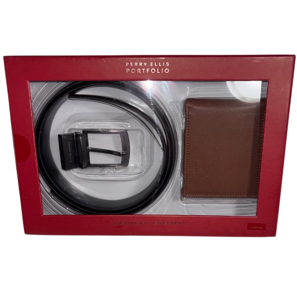 Perry Ellis Portfolio Leather Belt and Leather BiFold Gift Set Men’s Size M or L